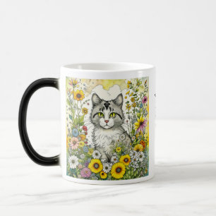 Grått och White Kattunge Sitta i Blommor Magisk Mugg