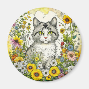 Grått och White Kattunge Sitta i Blommor Magnet