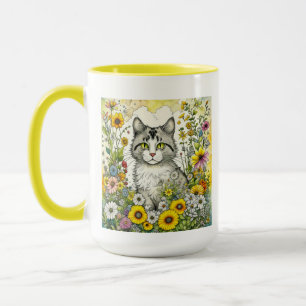 Grått och White Kattunge Sitta i Blommor Mugg