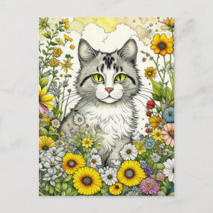 Grått och White Kattunge Sitta i Blommor Vykort
