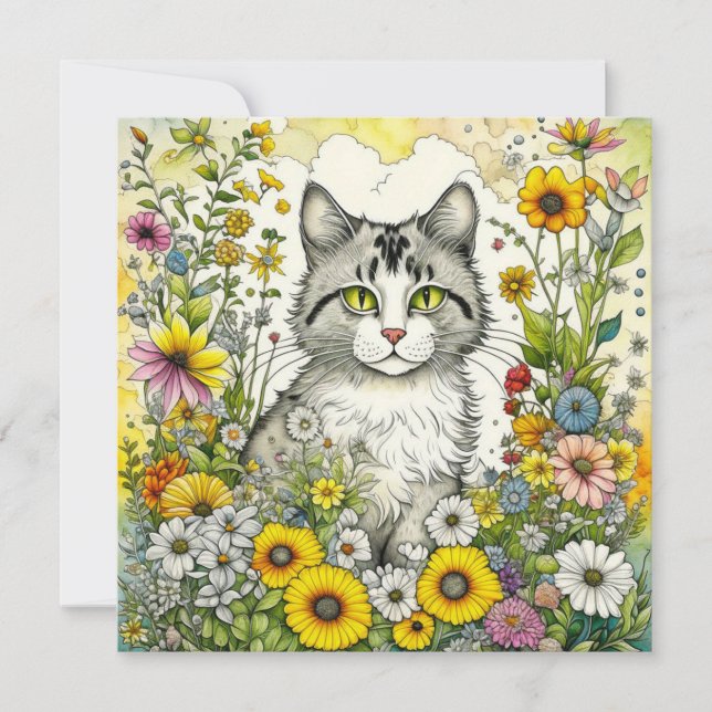 Grått och White Kattunge Sitta i Flowers Hej (Framsida)