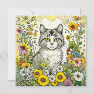 Grått och White Kattunge Sitta i Flowers Hej
