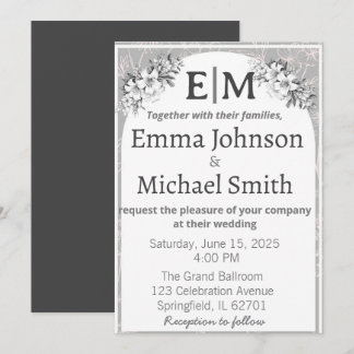 Grått- och White Modern Elegance Blommigt Line Art Inbjudningar