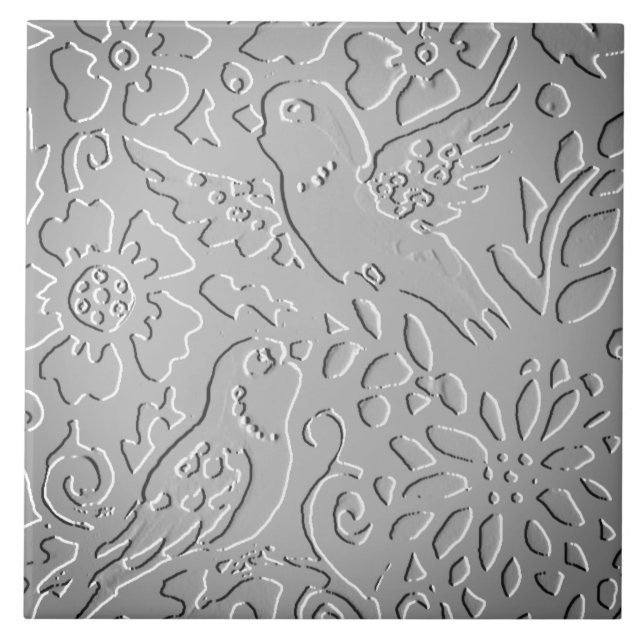 Grått Ombre Bird Woodland Embossed Blommigt Natatu Kakelplatta (Framsidan)