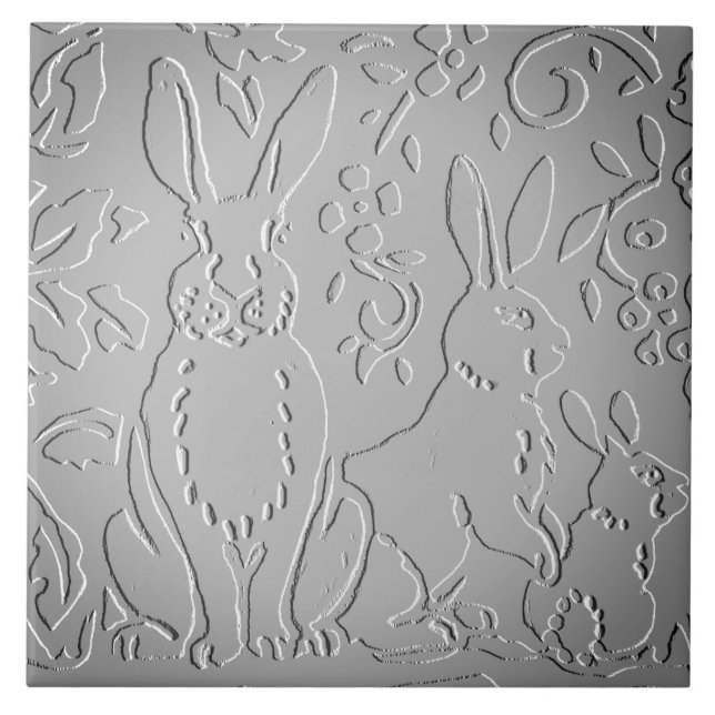 Grått Ombre Rabbit Woodland Embossed Blommigt Nata Kakelplatta (Framsidan)