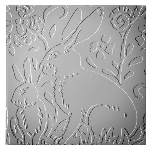 Grått Ombre Rabbit Woodland Embossed Blommigt Nata Kakelplatta (Framsidan)