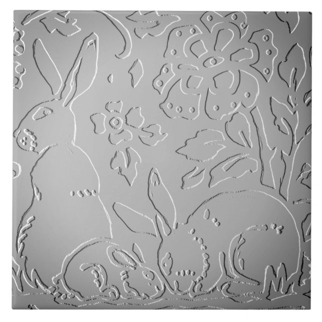 Grått Ombre Rabbit Woodland Embossed Blommigt Nata Kakelplatta (Framsidan)