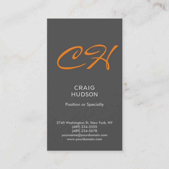 Grått Orange Monogram Professionell Affärskort Visitkort (Framsida)