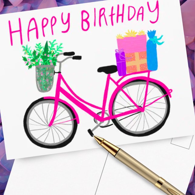 GRATT PÅ FÖDELSEDAGEN Söt Rosa Cykel Anpassad  Vykort (Happy Birthday card with cute bicycle illustration)