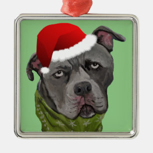 Grått Paint Pit Bull Santa Hat Julgransprydnad Metall