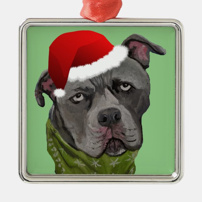 Grått Paint Pit Bull Santa Hat Julgransprydnad Metall (Framsidan)