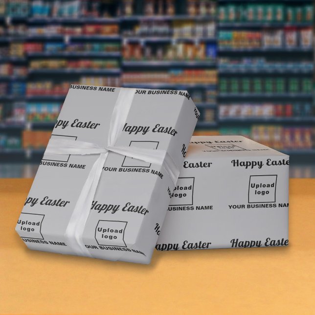 Grått Påsk Business Wrapping Papper Presentpapper (Gray wrapping paper with seamless pattern of Easter greeting, your business name and logo)