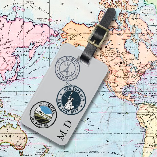 Grått pass frimärke monogram initialer bagagebricka (Skapare uppladdad)