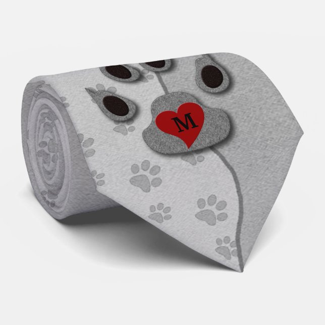 Grått Paw Print Hund älskare Monogrammed Tie Slips (Rullad)