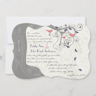 Grått Peach och Navy Love Bird Wedding Investigati Inbjudningar