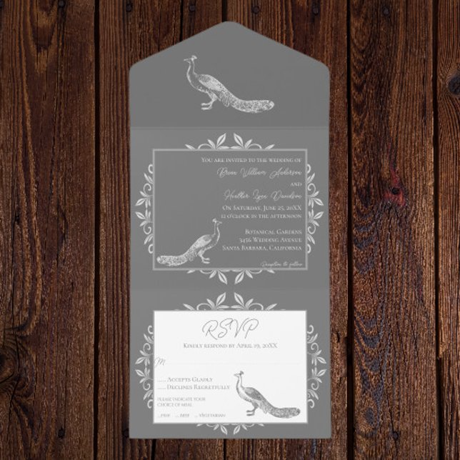 Grått Peacock Flourish (Gray Peacock Flourish All in One Invitation)