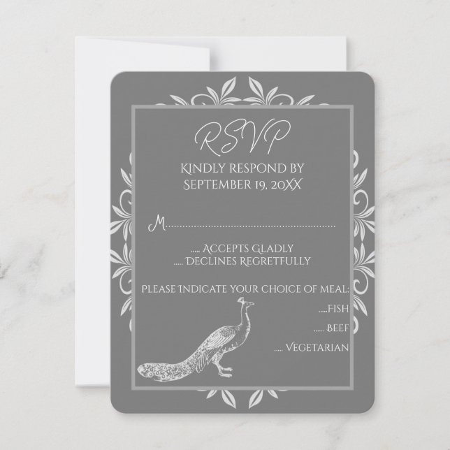 Grått Peacock Flourish Bröllop OSA Card (Framsida)