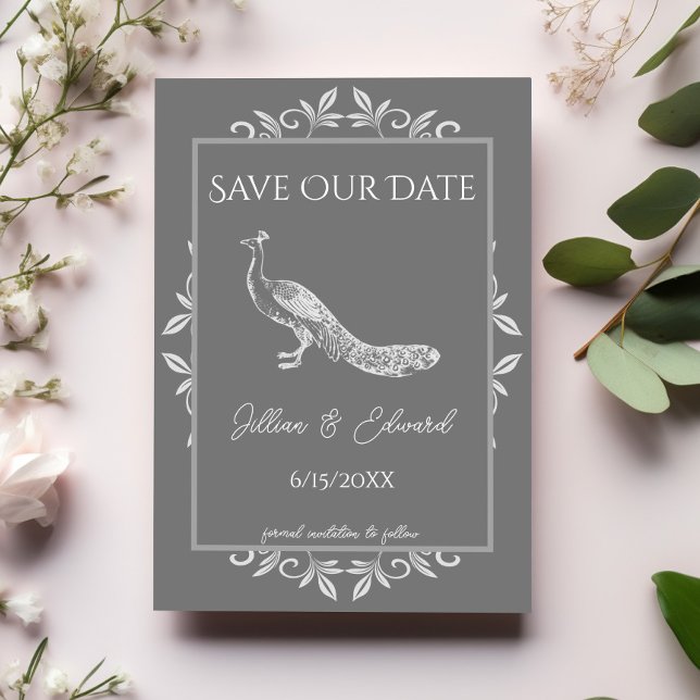Grått Peacock Flourish Meddelande (Gray Peacock Flourish Save the Date)