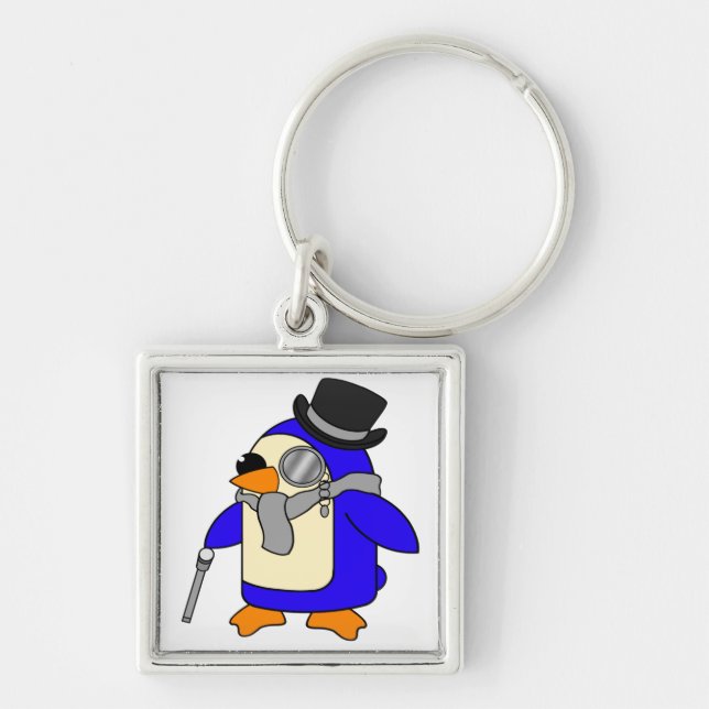 Grått penguin fyrkantig silverfärgad nyckelring (Framsidan)
