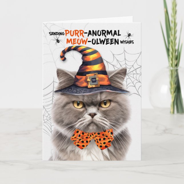 Grått Persian Cat PURRanormal MEOWolween Helgkort (Framsida)