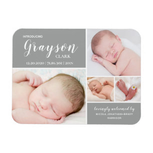 Grått Photo Collage Baby Birth Announcement Magnet