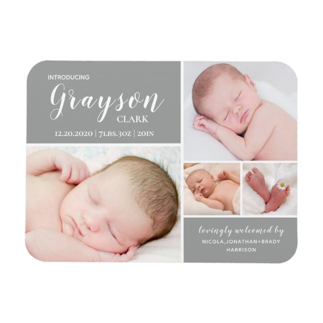 Grått Photo Collage Baby Birth Announcement Magnet (Horisontell)