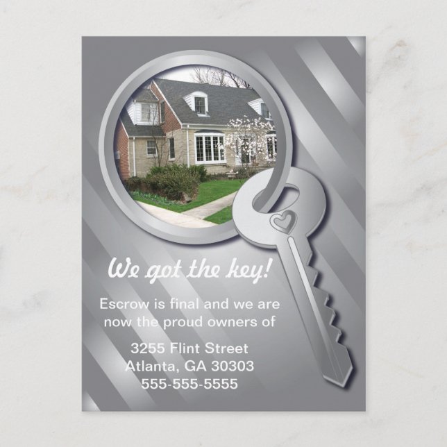 Grått Photo Template-Nyckelring Nytt hemvykort Meddelande Vykort (Framsida)