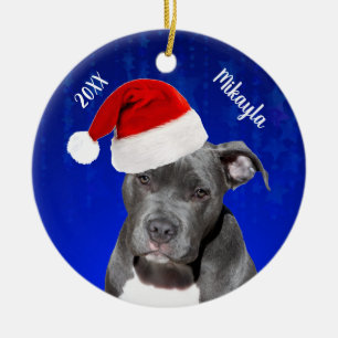 Grått Pit Bull med jultomten Ceramic Orn Julgransprydnad Keramik
