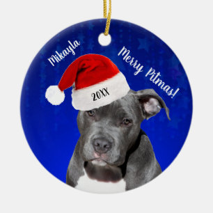 Grått Pit Bull med Santa Hat Merry Pitmas Ceramic Julgransprydnad Keramik
