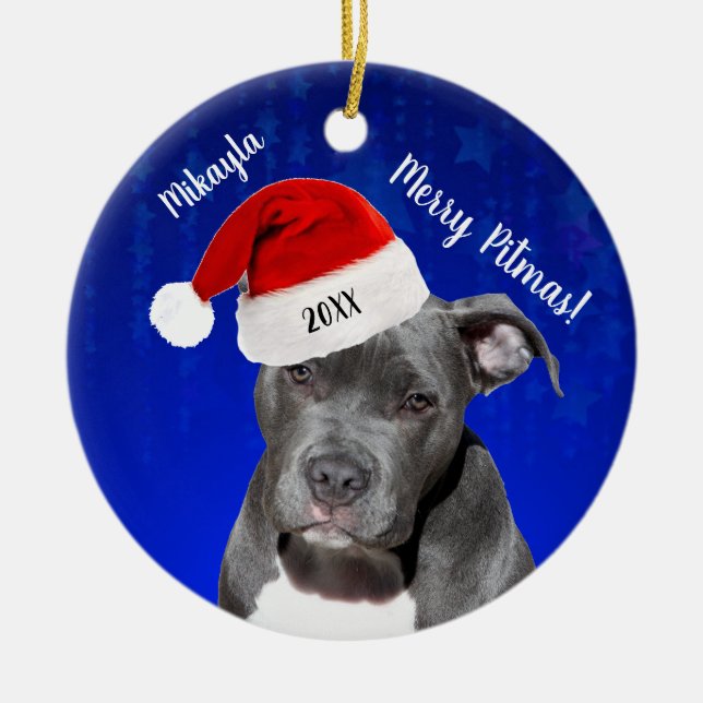 Grått Pit Bull med Santa Hat Merry Pitmas Ceramic Julgransprydnad Keramik (Framsidan)