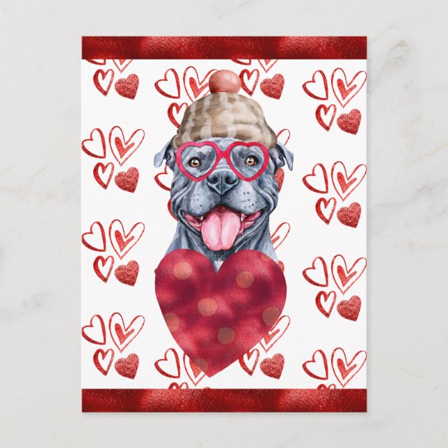 Grått Pitbull Hearts Hund älskare Valentine Gift Helg Vykort (Framsida)