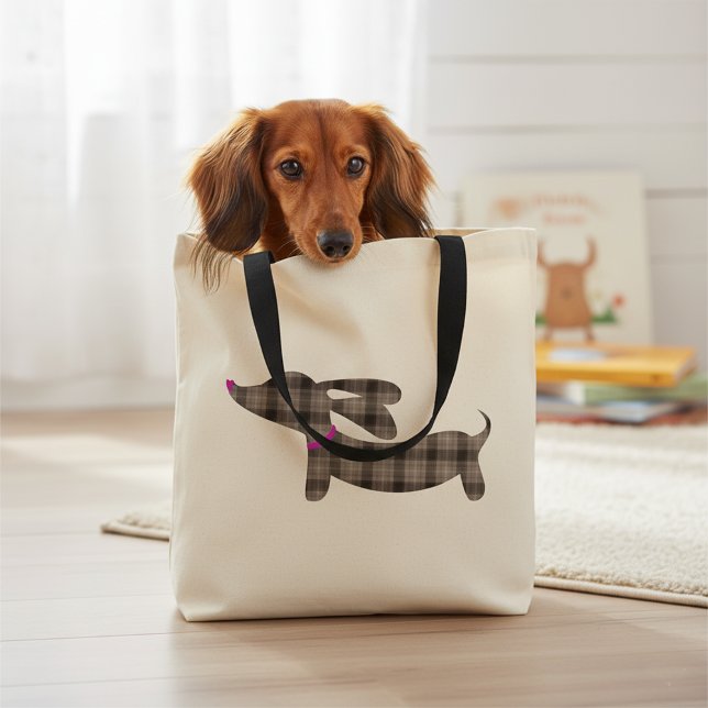 Grått Play Dachshund Wiener Hund Tote Bag Tygkasse (gray plaid dachshund tote bag for doxie moms)