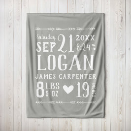 Grått Pojke Birth Stats Keepsaké Fleecefilt