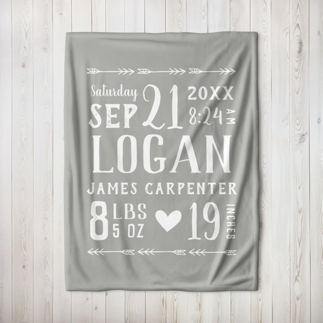 Grått Pojke Birth Stats Keepsaké Fleecefilt (Skapare uppladdad)