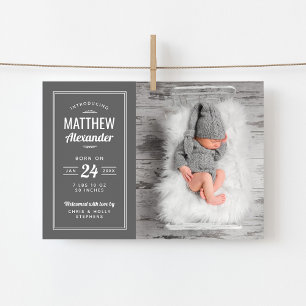 Grått Pojke Magnetic Photo Birth Notice