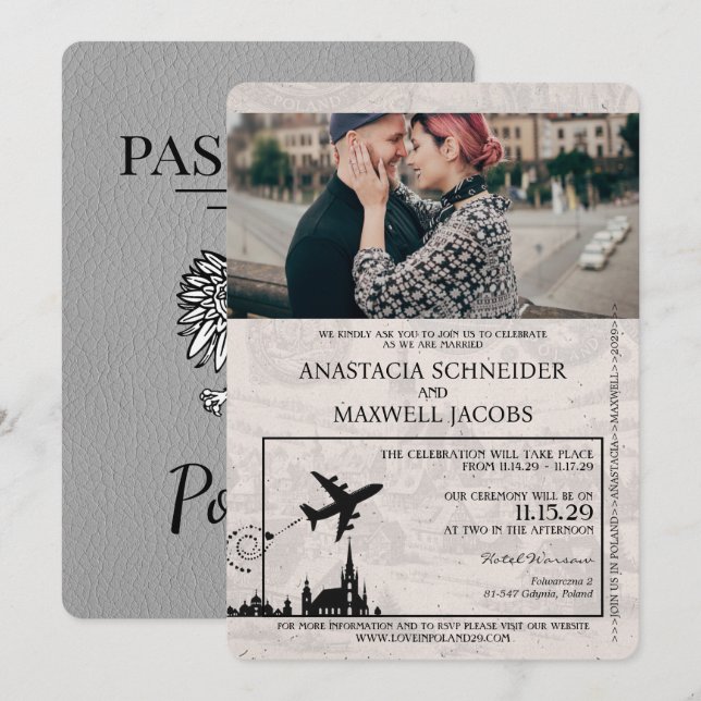 Grått Polens bröllopsinbjudan Inbjudningar (Fram/baksida)