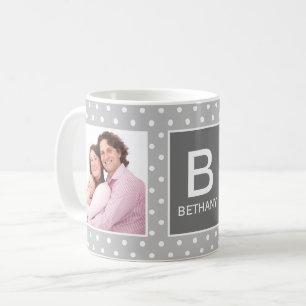 Grått Polka Dot Anpassningsbar Photo Monogram Kaffemugg