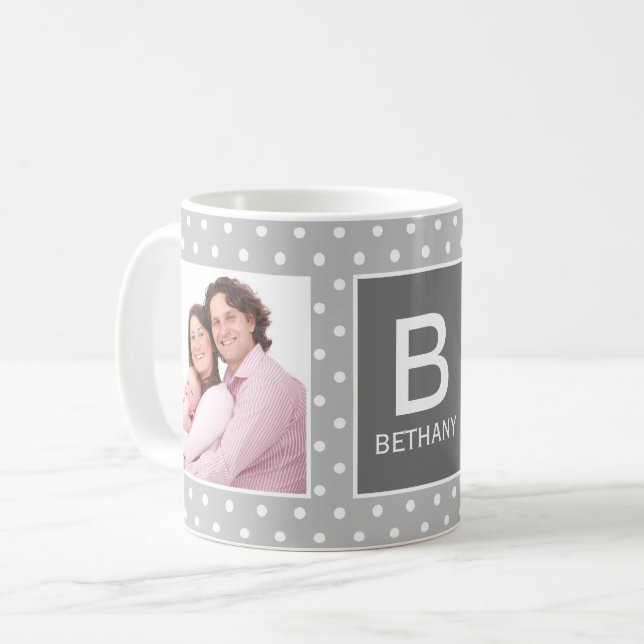 Grått Polka Dot Anpassningsbar Photo Monogram Kaffemugg (Framsida vänster)