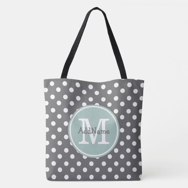Grått Polka dots, Mint Monogram och Personlig Namn Tygkasse (Baksida)