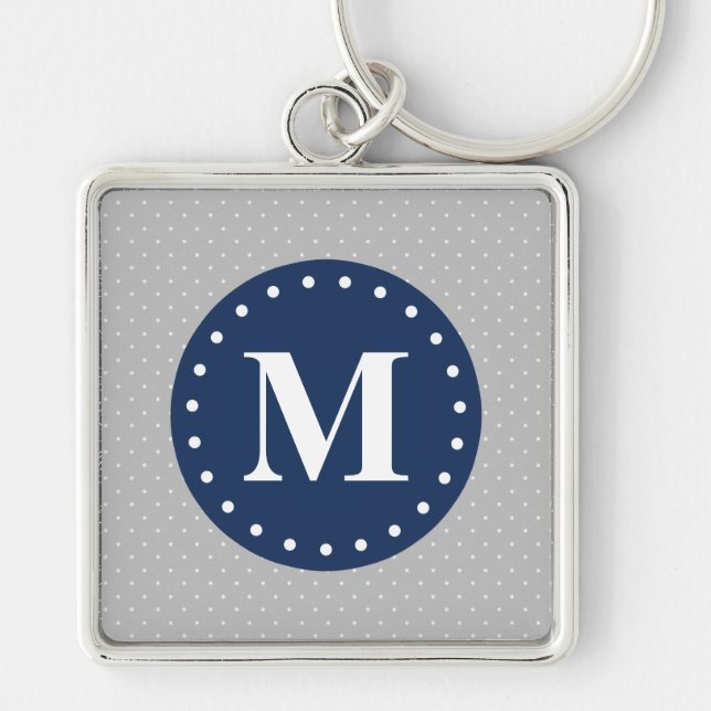 Grått Polka dots Navy Blue Monogram Fyrkantig Silverfärgad Nyckelring (Framsidan)