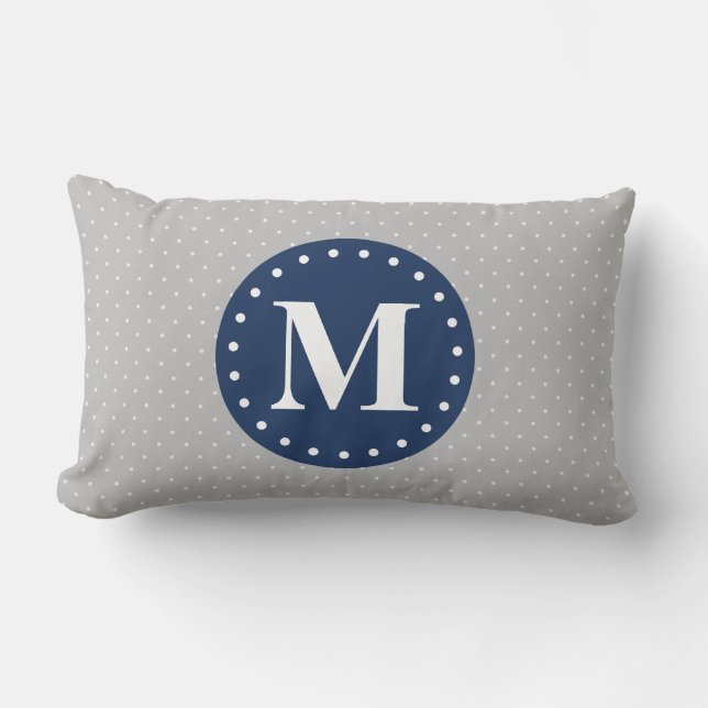 Grått Polka dots Navy Blue Monogram Lumbarkudde (Framsida)