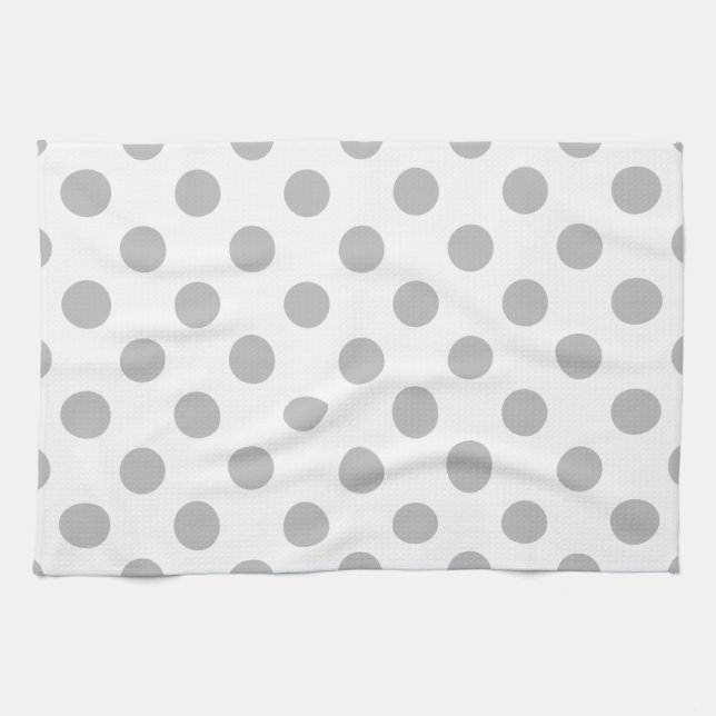 Grått polka dots på vitt kökshandduk (Horisontell)