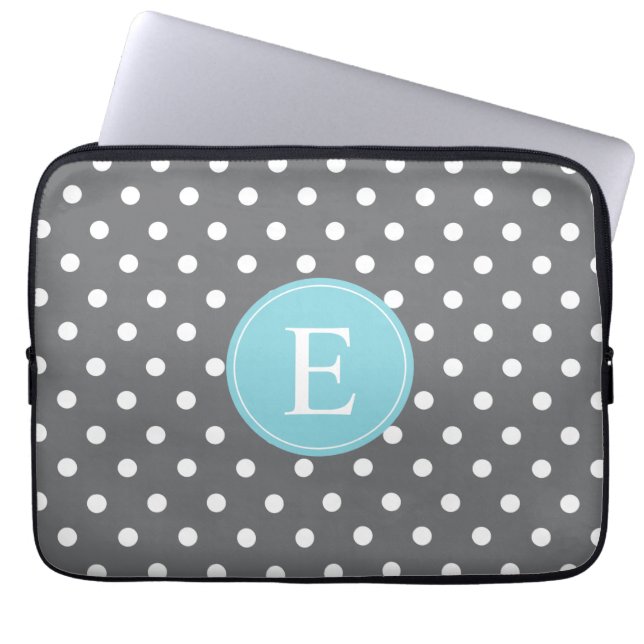 Grått Polka Punkt Blue Monogram Laptop Fodral (Framsidan)