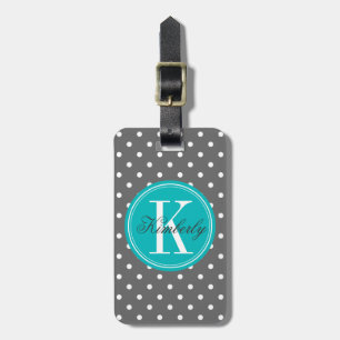 Grått Polka Punkt med Teal Monogram Bagagebricka