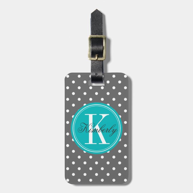 Grått Polka Punkt med Teal Monogram Bagagebricka (Vertikal Framsida)