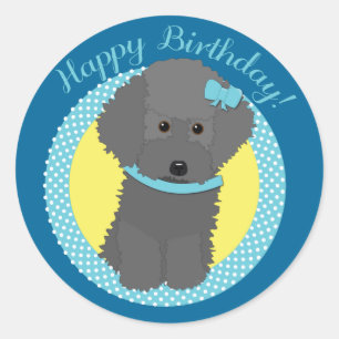 Grått Pudel Grattis på födelsedagen Stickers Runt Klistermärke