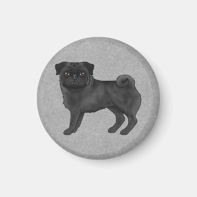 Grått Pug Hund Cute Tecknad Illustration Blue Magnet (Framsidan)