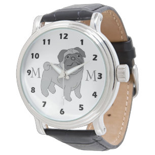 Grått Pug Hund design Monogrammed Armbandsur