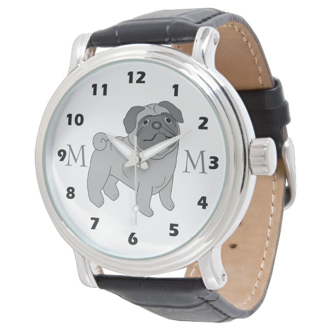Grått Pug Hund design Monogrammed Armbandsur (Vinklad)