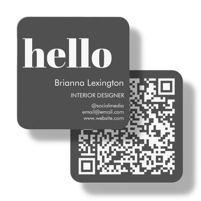 Grått | QR-kod Social Media Hej Fyrkantigt Visitkort (Skapare uppladdad)